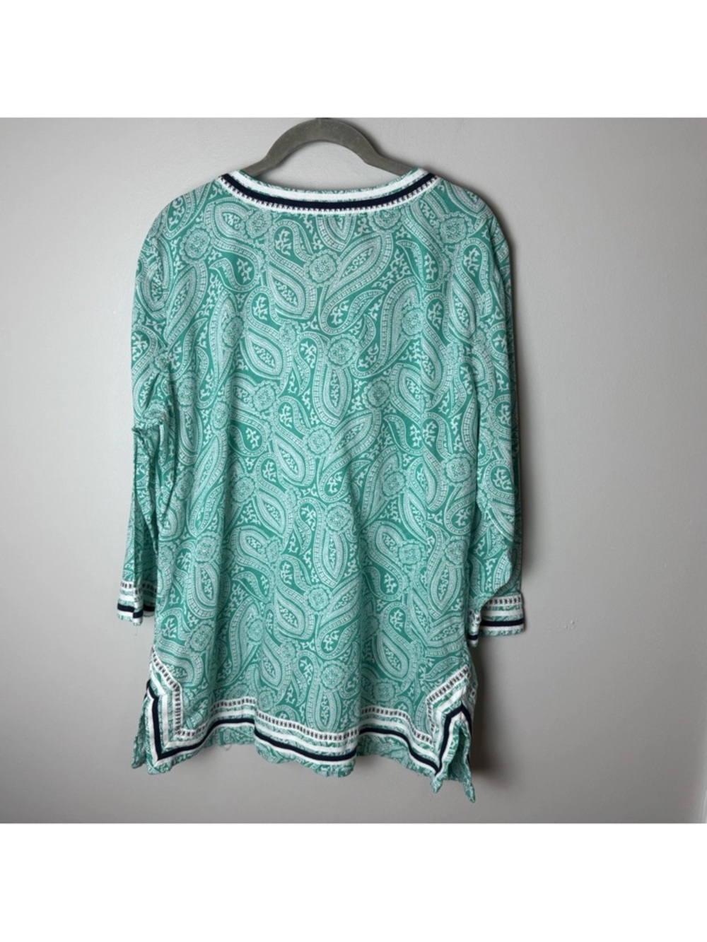 Talbots Tunic Top Plus Size 1X 3/4 Sleeves Cotton Paisley Green White Navy Blue - Picture 5 of 7